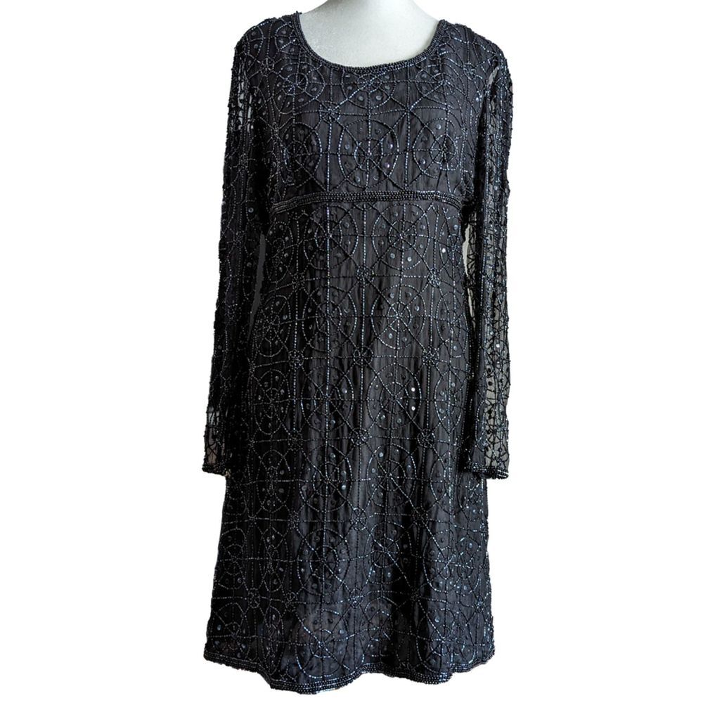 Vintage Stenay Dress Womens 8 Black Pure Silk Beaded Empire Waist Lined Mini LS